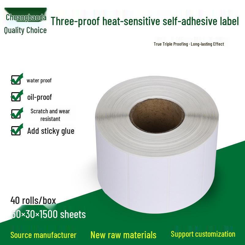 Durable Thermal Label Paper 60x30mm, 1500pcs - Waterproof, Oil-proof, Scratch-proof