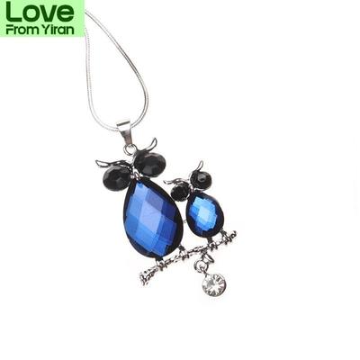 Doppel Eule Anhänger Halsketten Damen Voguish Blauer Kristallstein Lange Halsketten Pullover Stilvoller Schmuck Kleider Zubehör Bijoux TierMode Anhänger