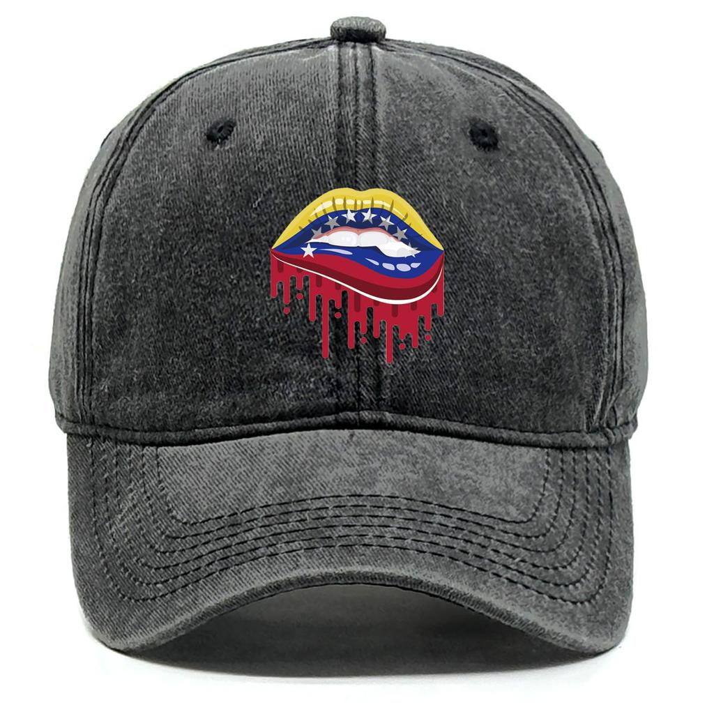 Venezuela Flag Lip Print Snapback Baseball Cap, Patriotic Sports Hat Raw Brim Sun Protection Cotton Leisure Snapback Baseball Hat