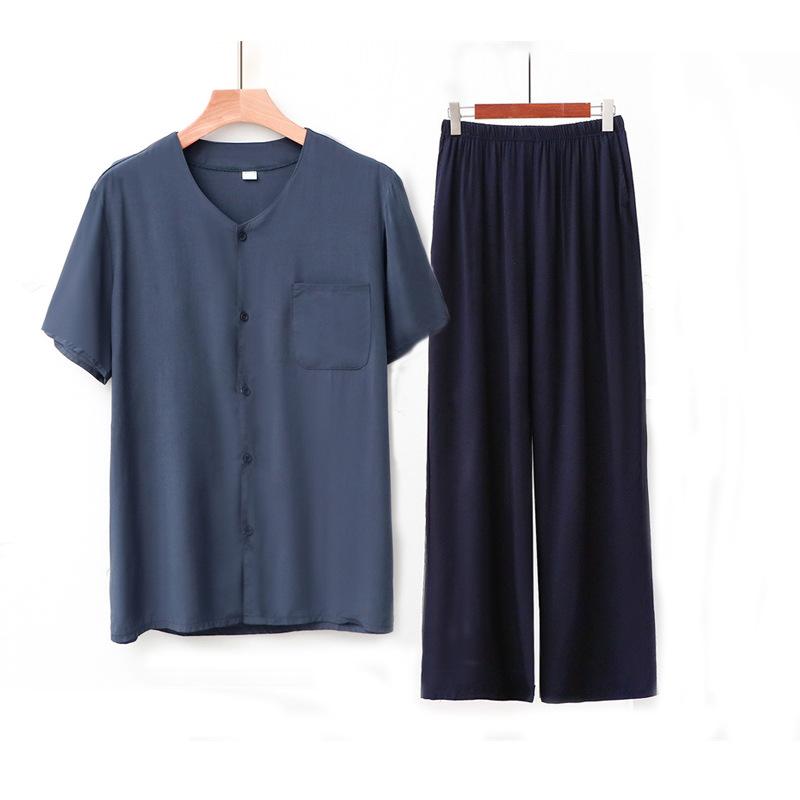 Cardigan manica corta in cotone e seta pigiama da uomo per mezza età e anziani pantaloni estivi sottili in cotone artificiale loungewear da uomo