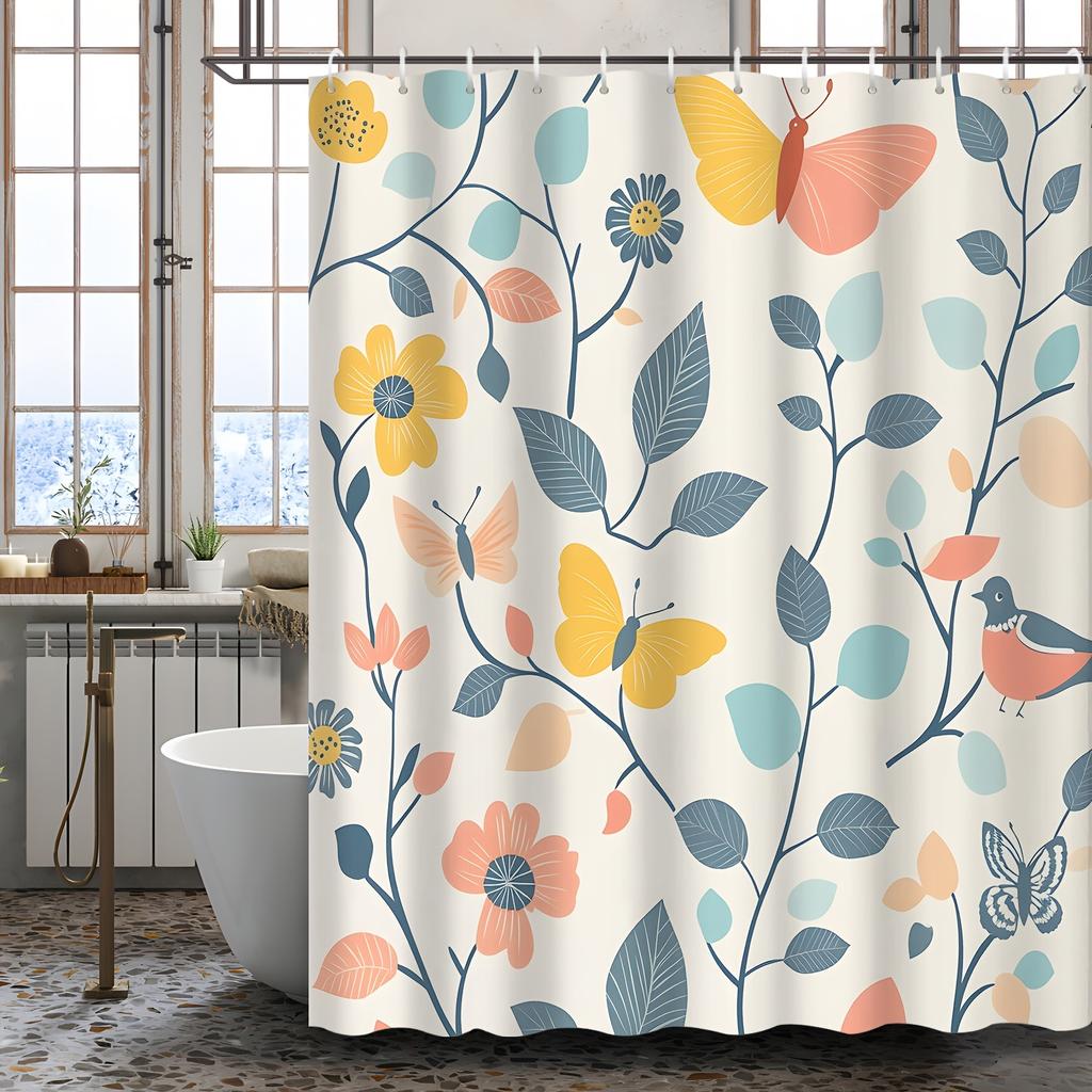 1Pcs Cartoon Watercolor Spring Flowers Eucalyptus Leaves Butterfly Shower Curtain, Machine Washable, Polyester Fabric
