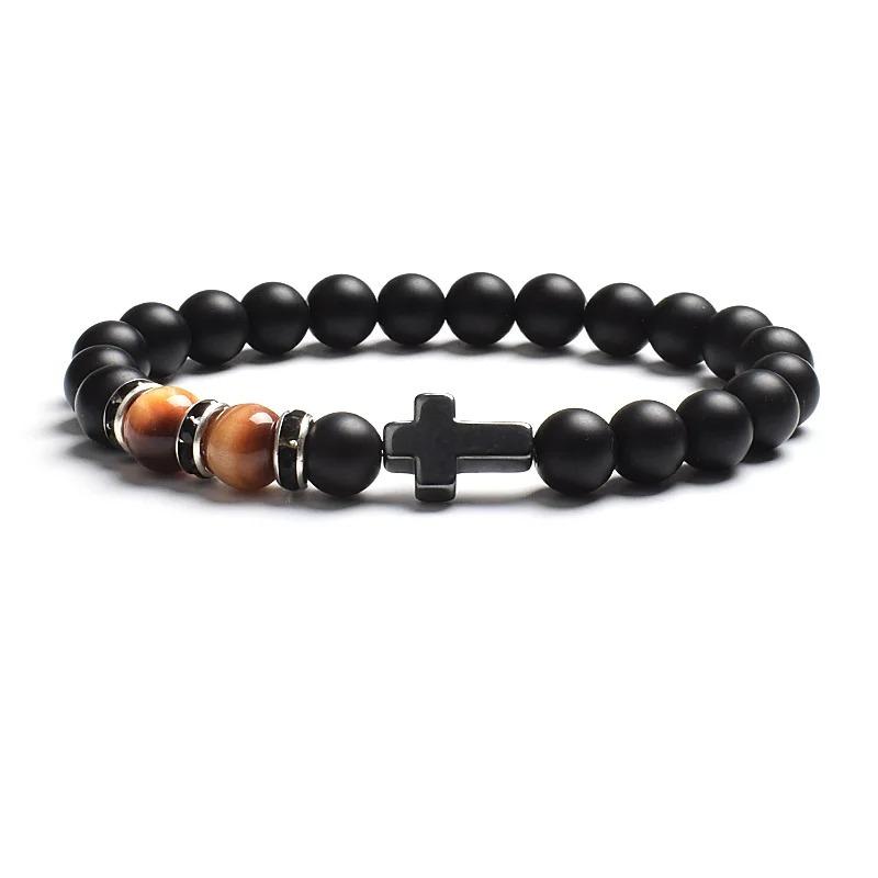 Fashion Religion Cross Men Women 8mm Natural Stone Tiger Eye & Black Matte Agates Bead Bracelet Elastic Bracelet Bangle Jewelry