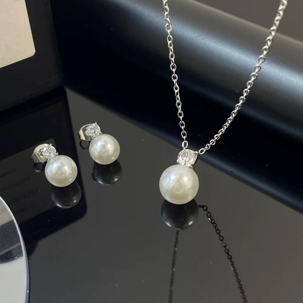 High Quality Pearl Dubai 14K Gold Plated Stainless Steel Pendant Necklace and Earrings Jewelry Set for Women Wedding Party Gift