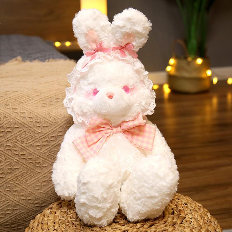 Cute White Bunny Plush Toys with Lace Headwear Soft Stuffed Animals Pillow Kids Birthday Gift Appease Pillow for Bedroom Decor