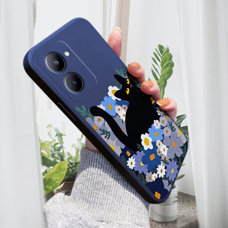 Módní pouzdro na telefon s černou kočkou pro iPhone 15 14 13 12 11 Samsung Galaxy S23 S22 A52 A52S Měkké pouzdro se čtvercovým krytem z tekutého silikonu s plnou ochranou