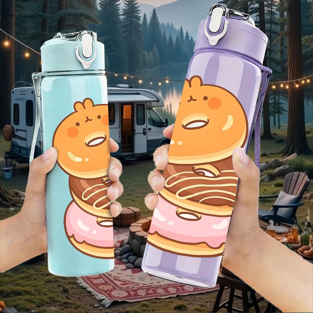 1PC Donut Cartoon Pattern 750ml Color Plastic Sports Water Bottle Leakproof Flip Straw Lid Suitable for Sports Office Home Use