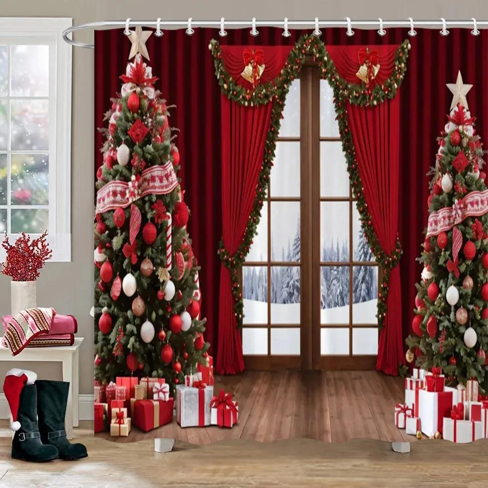 Weihnachtsparty Duschvorhänge Kamin Weihnachtsbaum und Geschenke Schneemann Schneeszene Waschbarer Duschvorhang Kunst Badezimmer Dec