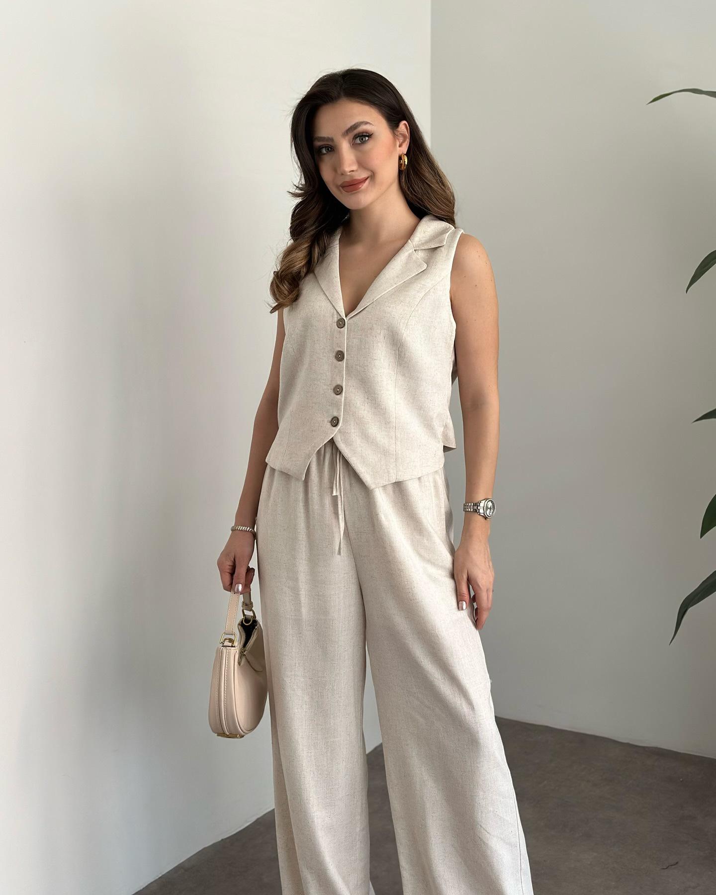 

Летний комплект безрукавного льняно-хлопкового жилета с V-образным вырезом и повседневных брюк 2025 XL грязно-белый