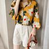 1116 Autumn New Han Fan Thin Yellow Printed Chiffon Shirt Top Women's Five-quarter Sleeve Floral Sunscreen Shirt