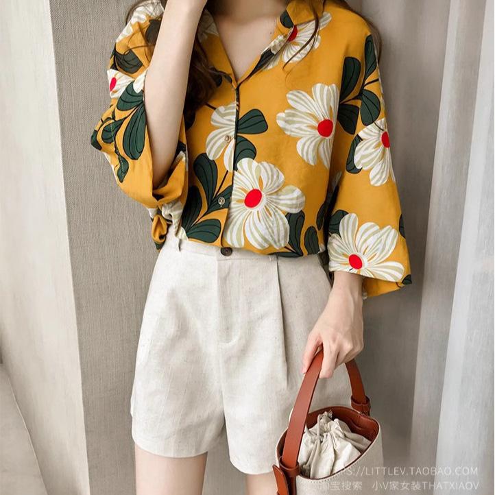1116 Autumn New Han Fan Thin Yellow Printed Chiffon Shirt Top Women's Five-quarter Sleeve Floral Sunscreen Shirt