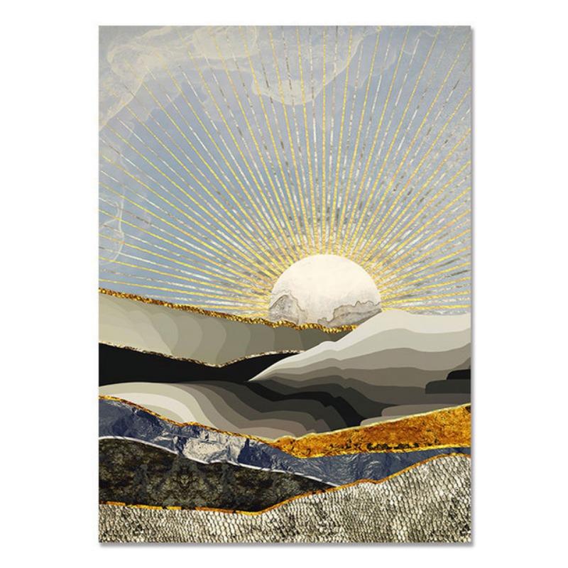 Retro Chinesischer Stil Leinwandmalerei Goldener Fliegender Kran Abstrakte Sonne Tier Vogel Poster Drucke Wandkunst Bild für Wohnzimmer