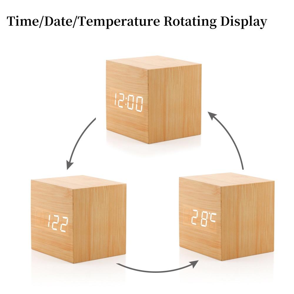 Voice Control Wooden Digital Alarm Clock TEMP Date 3 Alarms Desktop Electronic Table Clock 12/24H USB Powered LED Bedside Clock