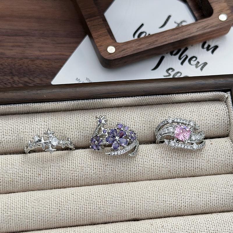 Pink Diamond Zircon Purple Flower Star Opening Ring, Diamond-Set Light Luxury Niche Design, High-End Sense Stacking, Wearing Personalized Rings, Women
