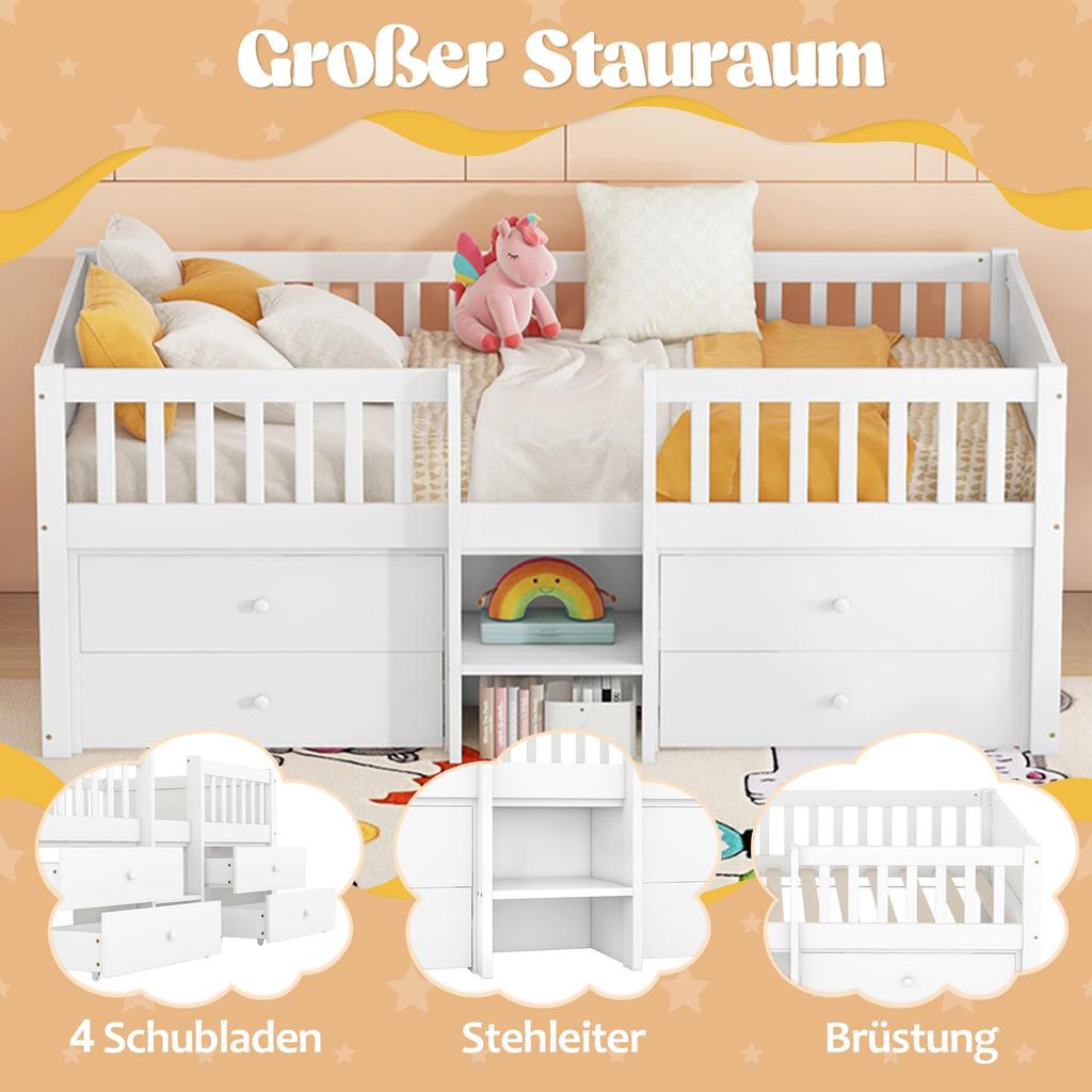 Kinderbett 90x200 cm mit Stauraum, Holzbett mit Lattenrost & 4 Schubladen, Jugendbett mit Leiter und Rausfallschutz - Kiefer massivholz, ohne Matratze