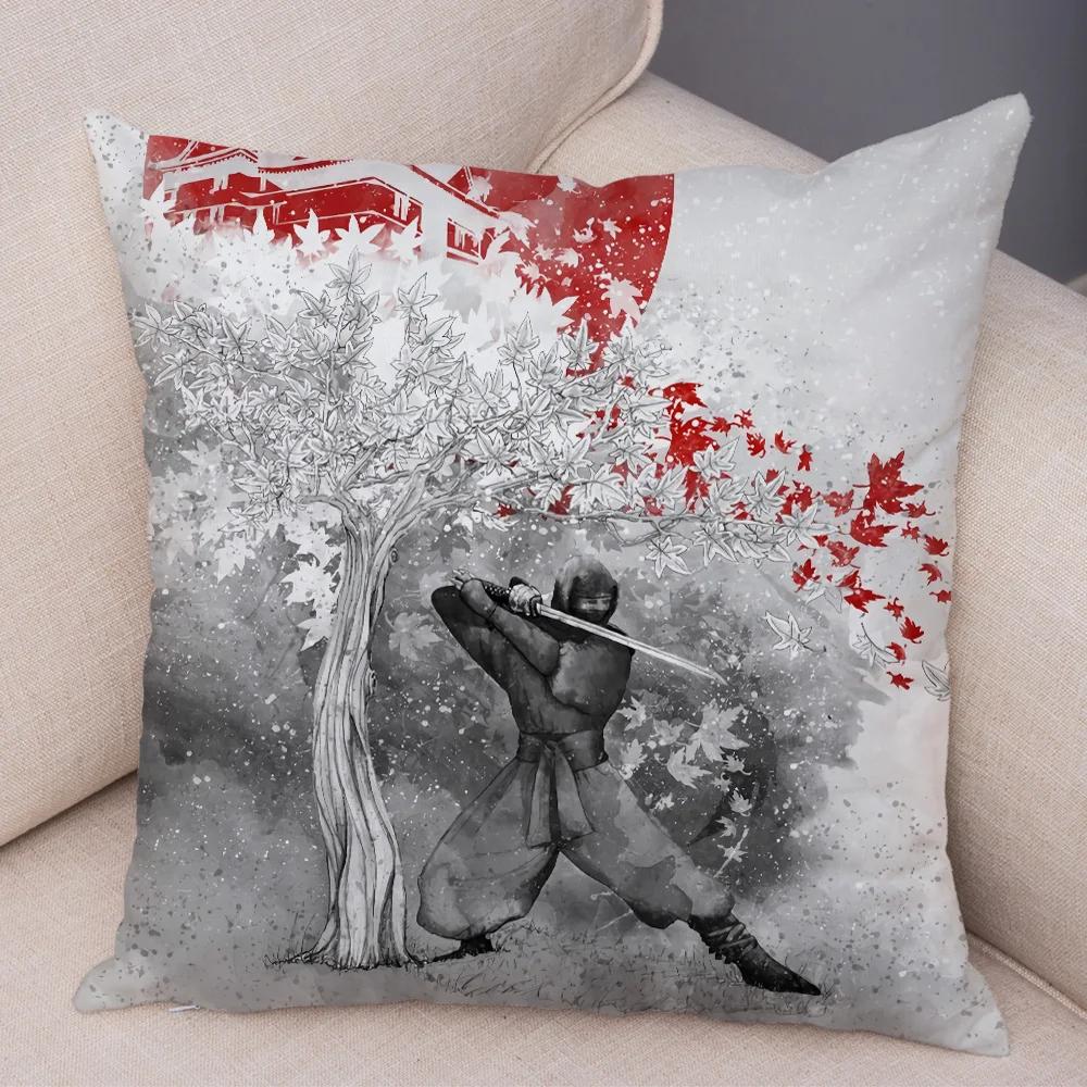 Japan Style Ink Warrior Cushion Cover for Sofa Home Double Print Decor Beautiful Scenery Girl Pillowcase Soft Plush Pillow Case