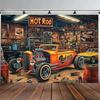 Graphic Design, 1 Large-sized Background Banner of a 2D 2D Flat Design of an Old-fashioned Supercar Garage for Party Bac