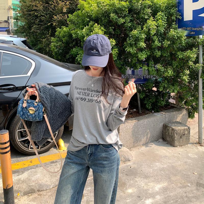 Women's European Style Long Sleeve Loose-Fit Letter Print T-Shirt, American Retro Slim Base Layer