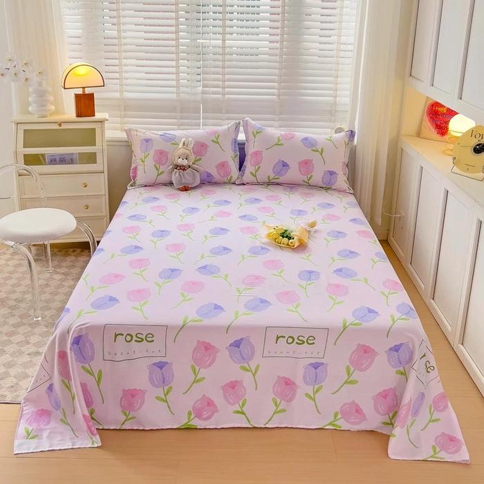 Pink Floral Bed Sheet Set Soft Cotton 4 Pieces Queen Botanical Bed Set, 8 Inch Deep Pocket Fitted Sheet, Flat Sheet, Pillowcases