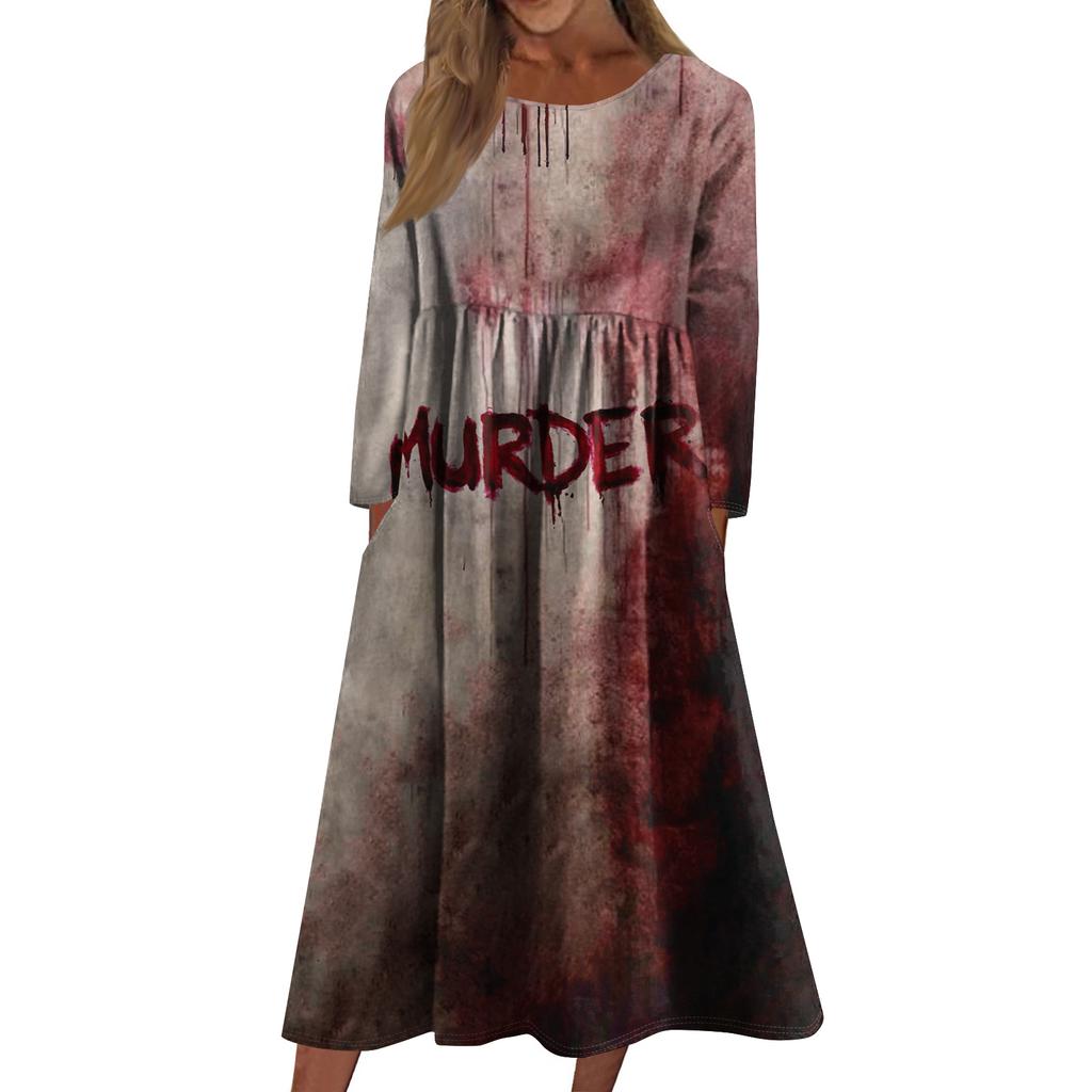 Women's Casual -neck Halloween Print Mid-length Dress Long-sleeved Dress With Pocket
