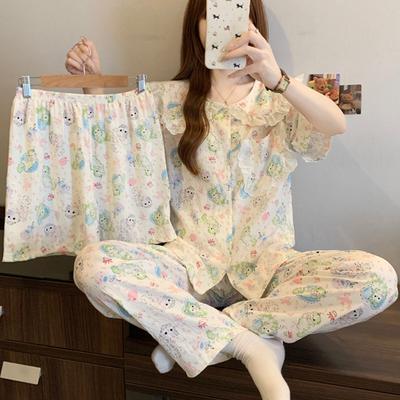 Summer Pajamas Women'S Cute Cat Cloud Cotton Sweet Doll Collar Short-Sleeved Casual Loungewear Three-Piece Set