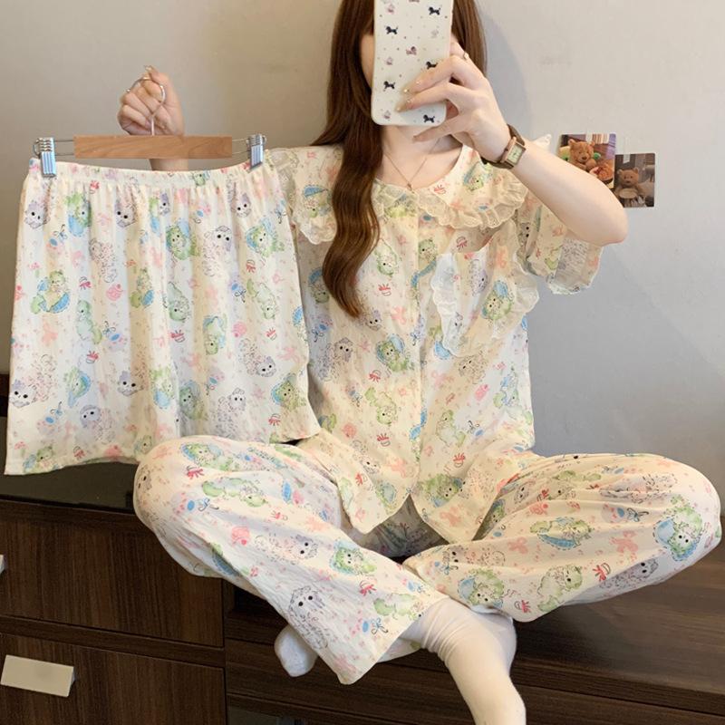 

Летняя пижама женская милая кошка облачный хлопок сладкий кукольный воротник с коротким рукавом повседневная домашняя одежда комплект из трех предметов 2XL