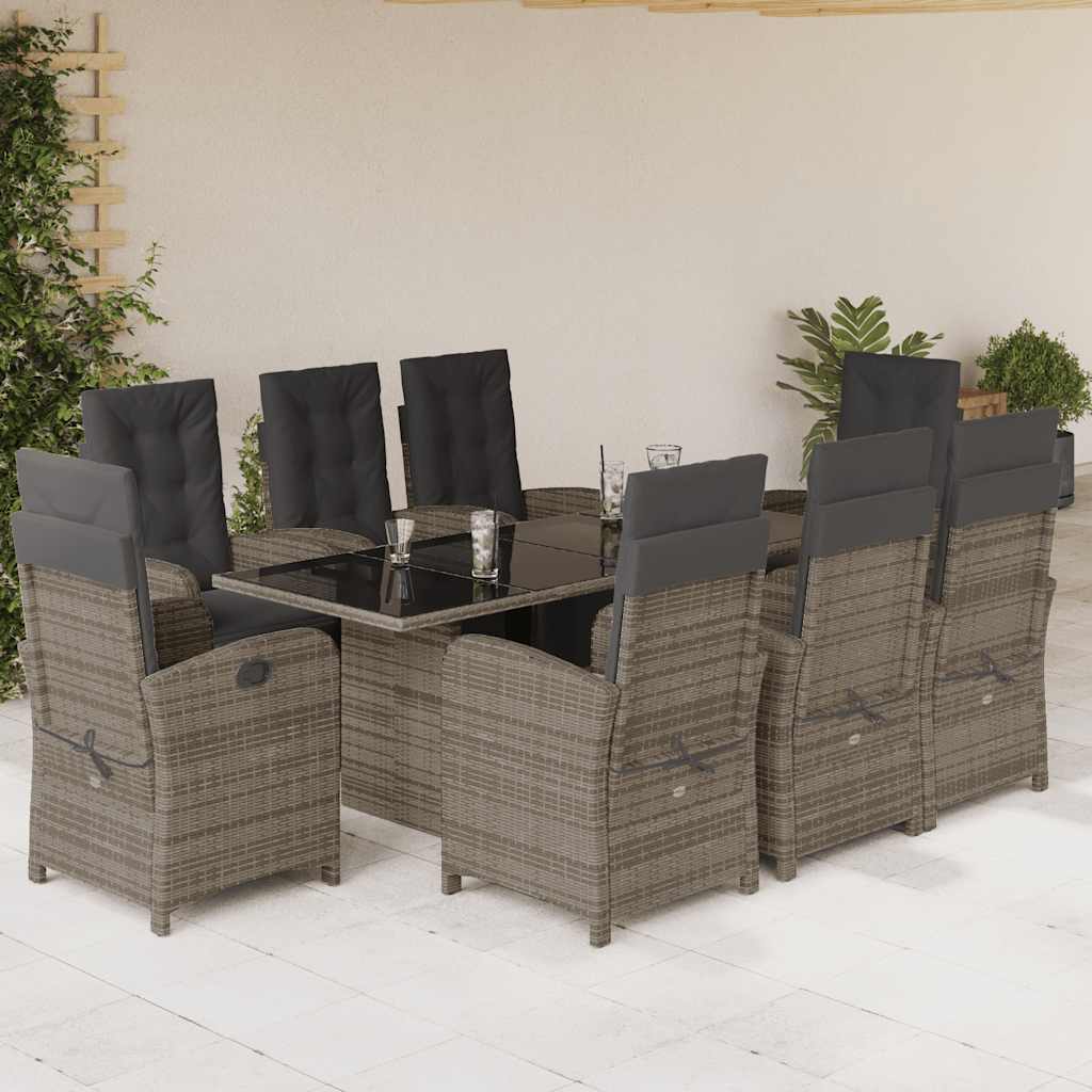 9 Piece Garden Dining Set with Cushions Gray Poly Rattan