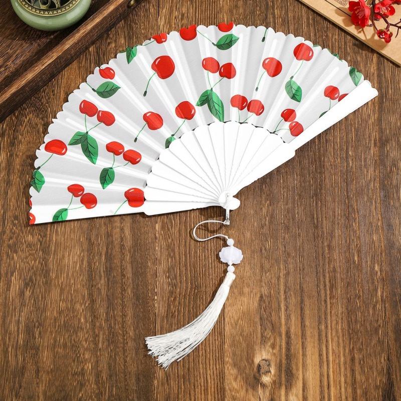 1Pcs Summer Folding Hand Fan Cherry Lemon Fruit Pattern Portable Plastic Frame Fabric Tassel Cooling Fan For Home Women