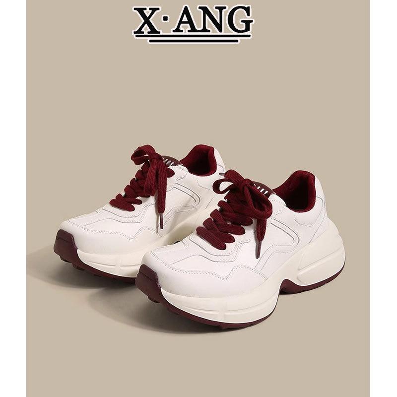 Ankola red women's shoes leather dad shoes children's versatile spring new thick-soled heightening casual sports shoes