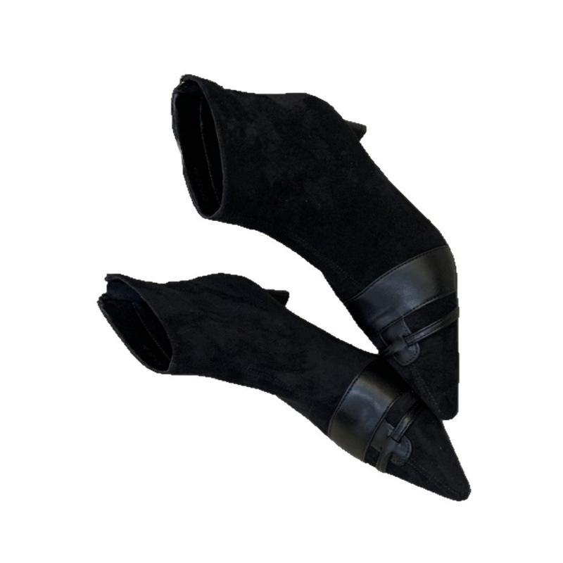 2025 French Suede Splicing Pointed Thin Heel Short Boots Women's Autumn and Winter New Fashionable Versatile Rear Zipper Short Boots