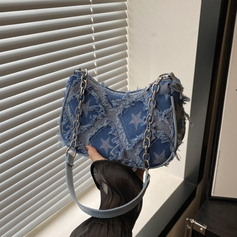 Trendy Star Print Hobo Bag with Frayed Trim Silver Chain Underarm Bag Leather Strap Casual Shoulder Purse Y2K Style Handbag