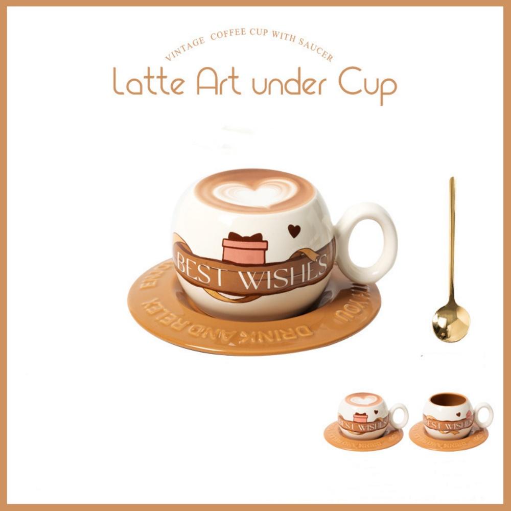 Big Belly Coffee Cup with Wood Saucer and Spoon 300ML Latte Under Botton Shaped Coffee Mug