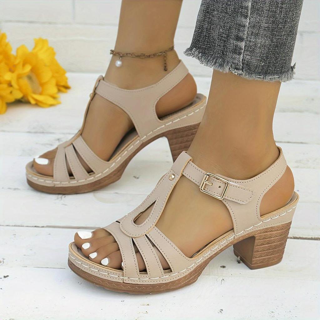 Women's Solid Color Fashion Sandals, Summer T-strap High Heels, Casual Single Strap Non-slip Thick Heel Shoes