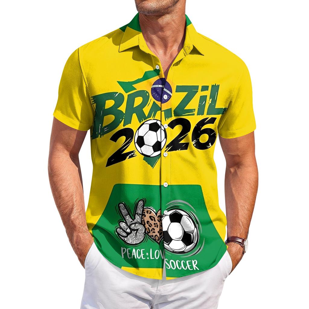 Men’s Short Sleeve Button Down Shirt with Soccer Print Casual Striped Design Lightweight Material Relaxed Fit for Daily Wear