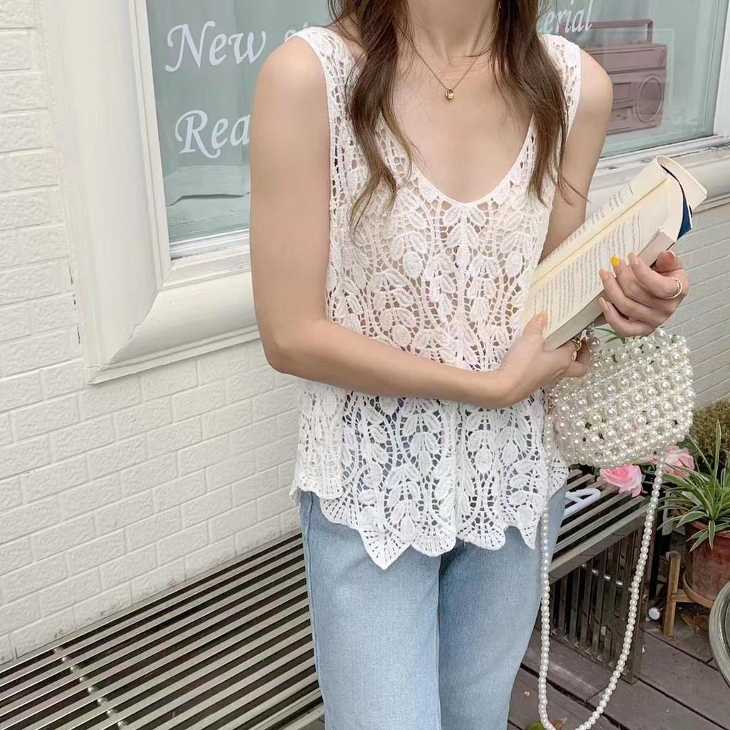Crochet Lace Tank Top Women Leaf Embroidery Hollow-out Sleeveless Knit Top Cover-up Vacation Bohemian Summer