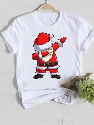 Cartoon Style Trend Christmas Happy New Year Female Women Clothes Print O-neck Lady Casual Fashion Shirt Tee Graphic T-shirt