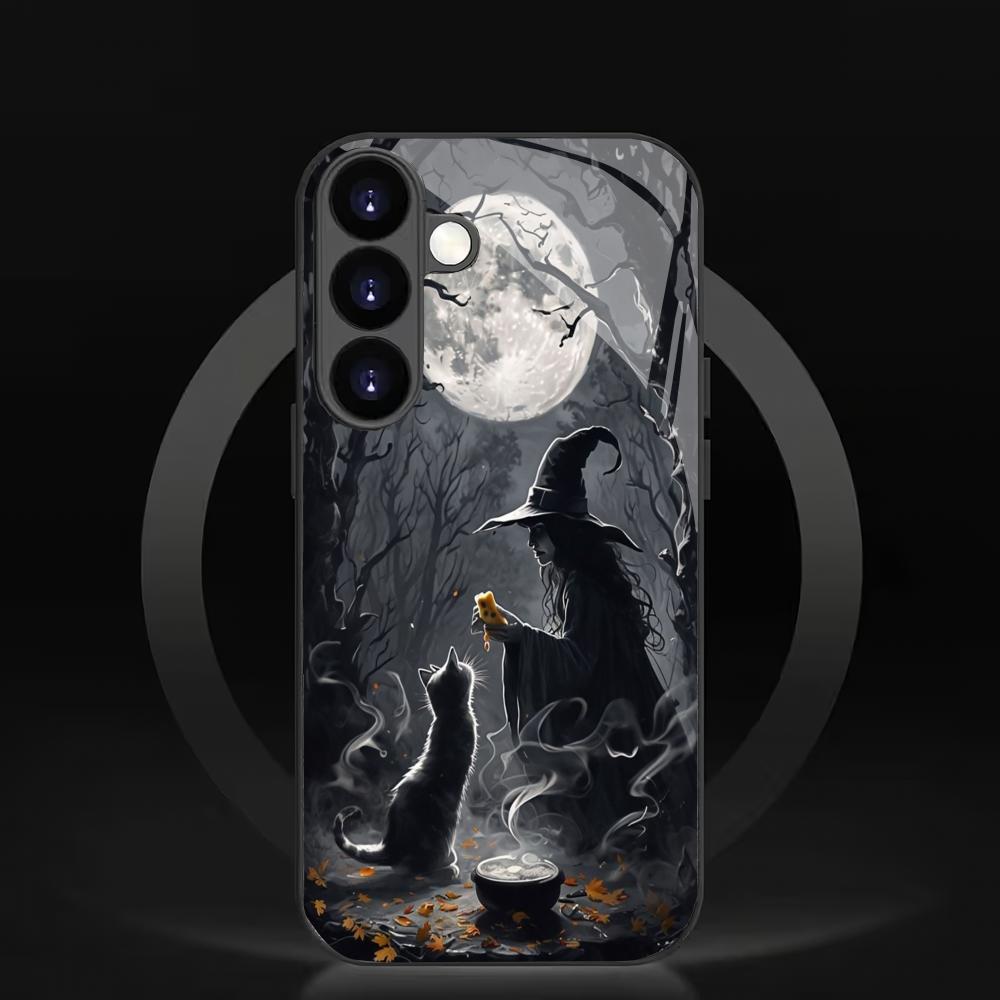 Witch Pumpkin Tempered Glass Phone Case Suitable for Samsung Galaxy S26 S25 S24 S23 S22 S20 FE/Ultra/Plus Anti Drop Back Cover