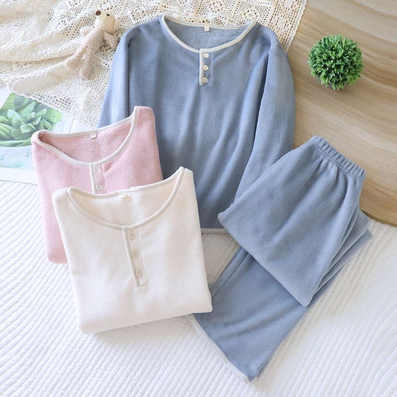 2026 New Autumn/Winter Women's Pajama Set 100% Flannel Round Neck Thickened Solid Color Home Clothes Long Sleeve Two Piece Set
