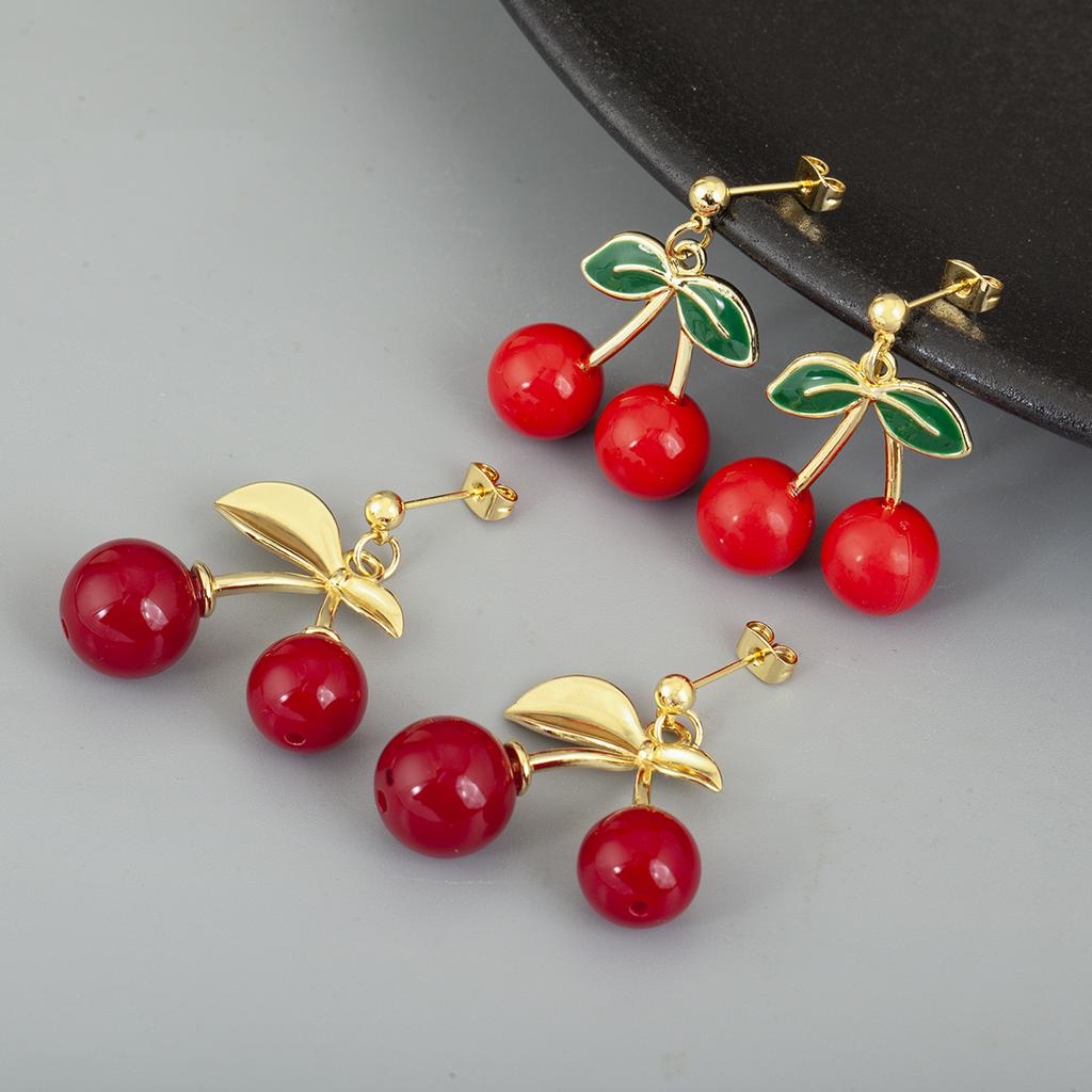Nidin New Fashion Cherry Shape Glossy Drop Earrings For Women Female Anniversary Party Sweet Temperament Style Ear Jewelry Gifts