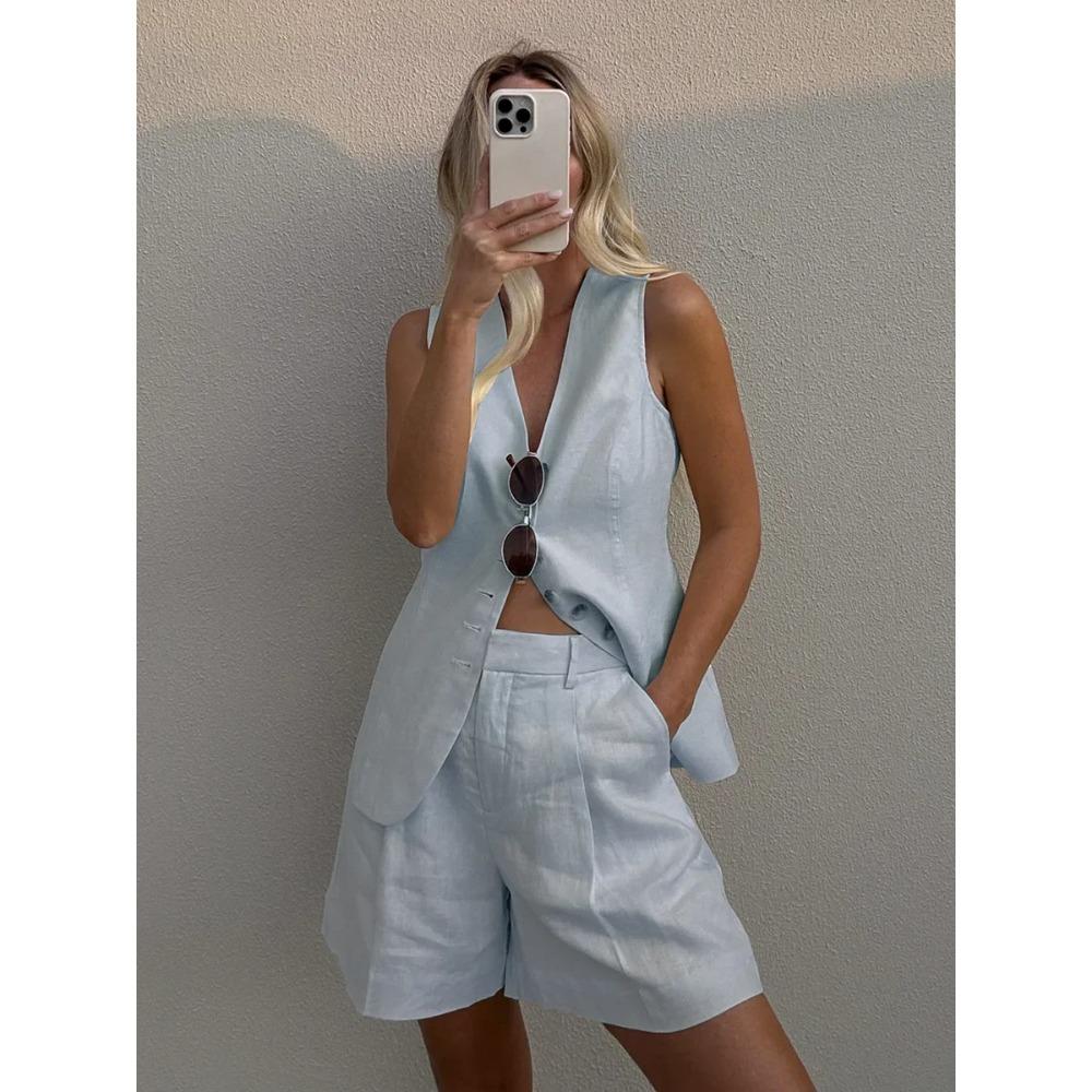 Cotton Linen Chic Casual Vest Shorts Set Women's Fashion Commuter Sleeveless Tank Top Loose Shorts Suits