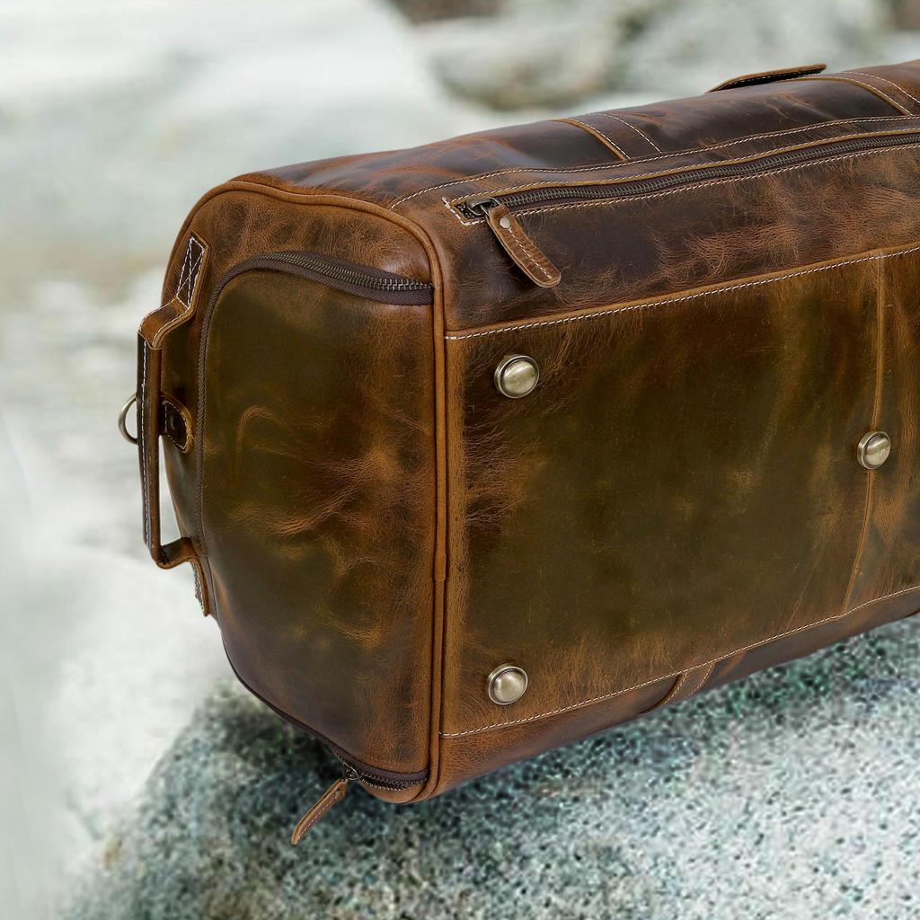 Full Grain Leather Duffle Bag with Shoe Compartment: Personalized Travel Luggage