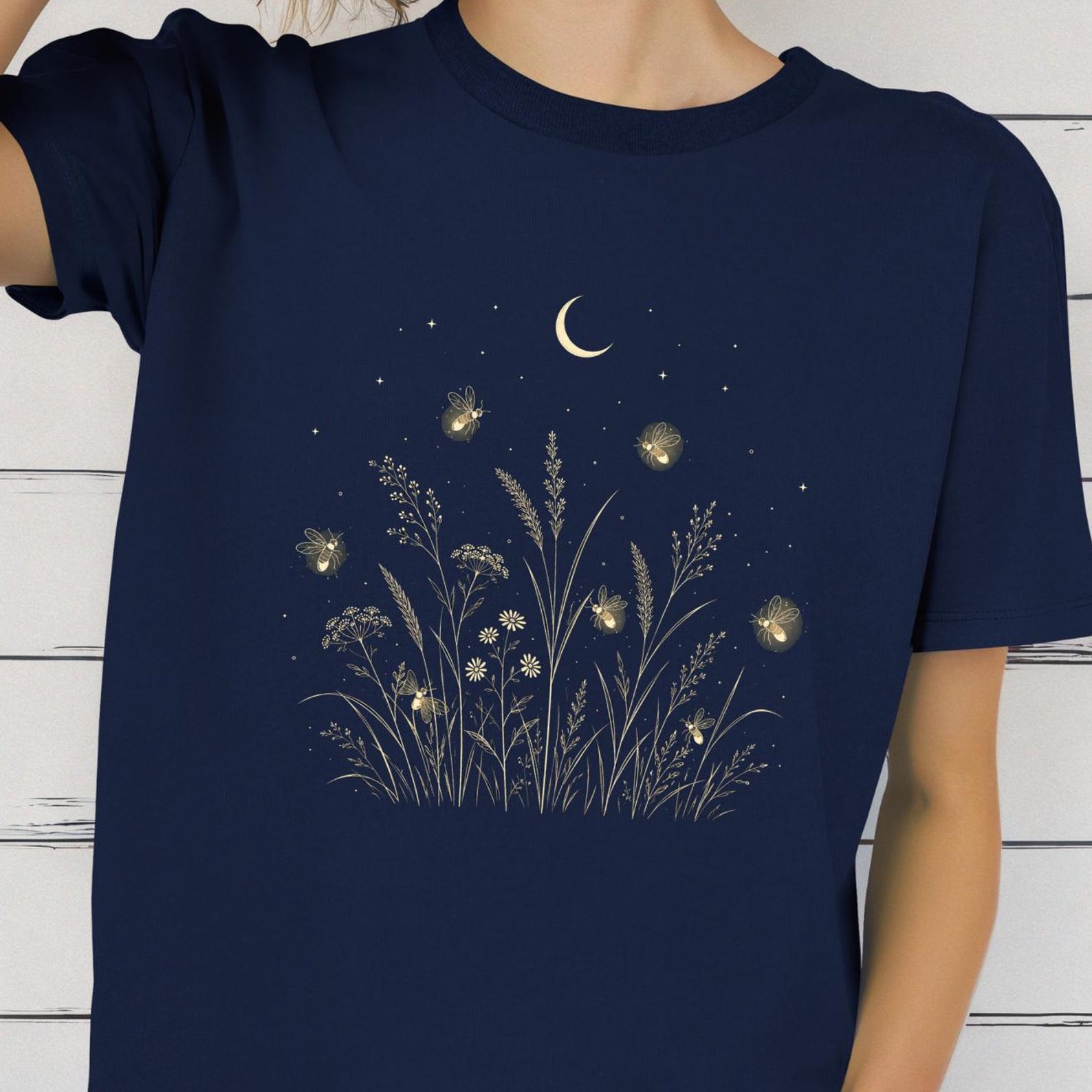 Firefly Meadow Shirt, Moon Garden Tee, Night Wildflower T shirt, Dark Cottagecore Shirt, Nature Lover Tee 4XL