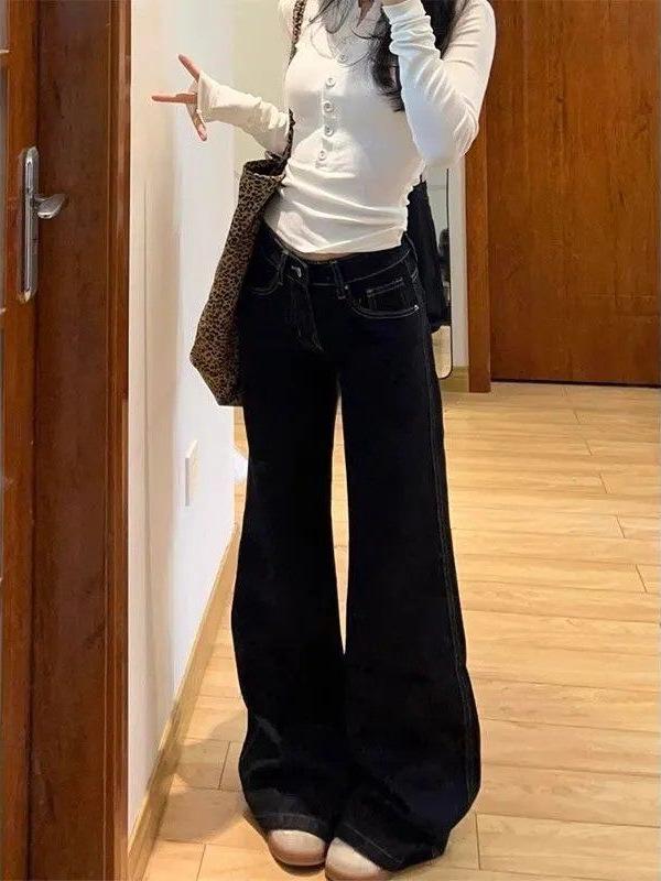 Women's Retro Low-Waist Deep Gray Blue Bell Bottom Jeans - Autumn/Winter Casual Slimming Narrow Leg Design