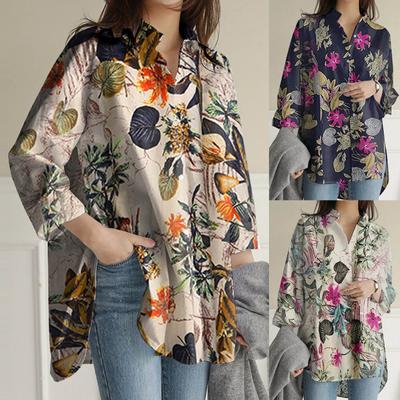 Women's New Shirt Striped Printed Slit Long Sleeve Button Casual Top