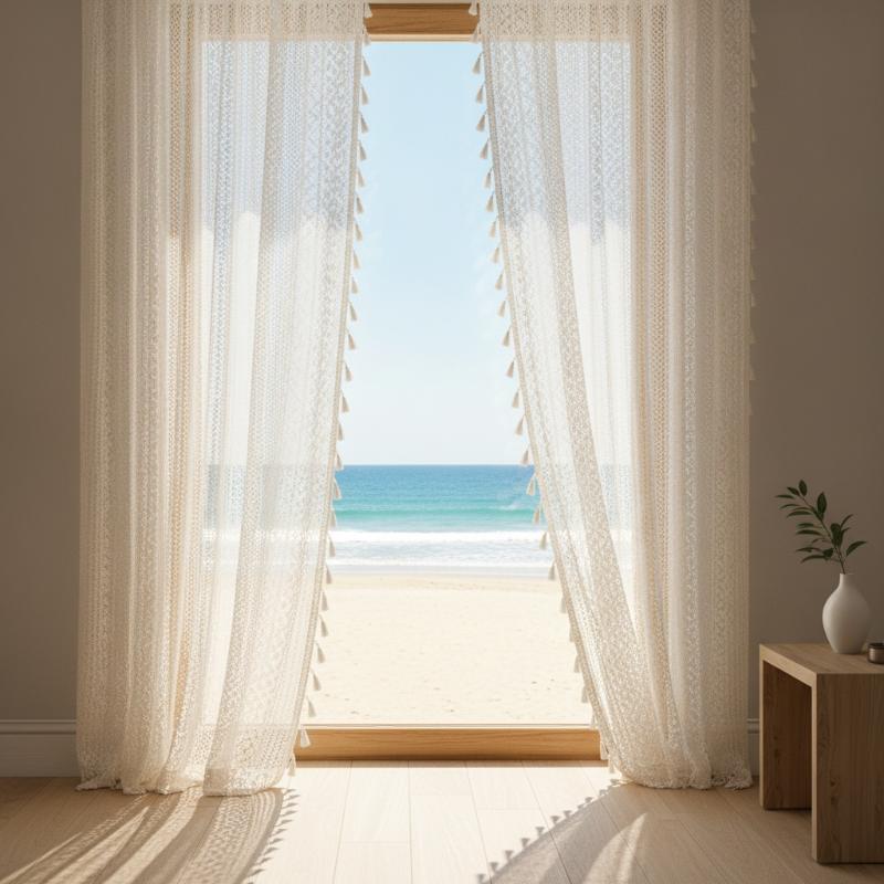 French Tulle Lace Curtains Geometry Striped Knitted Lace Light Filtering For Kitchen Bedroom Living Room