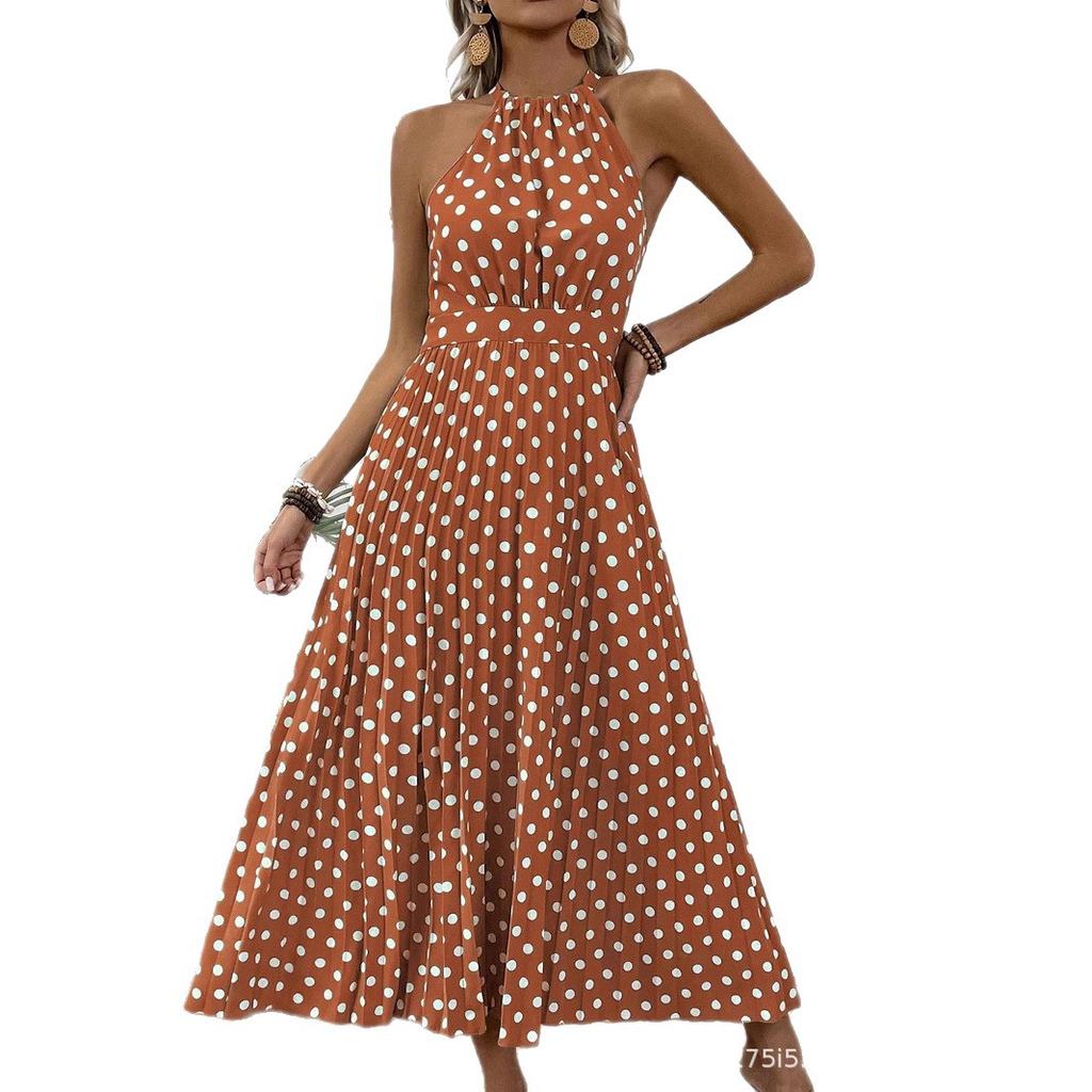 European and American Women's Clothing Spring and Summer Fashion Printing Polka Dot Round Neck Long Dress Women's Dress