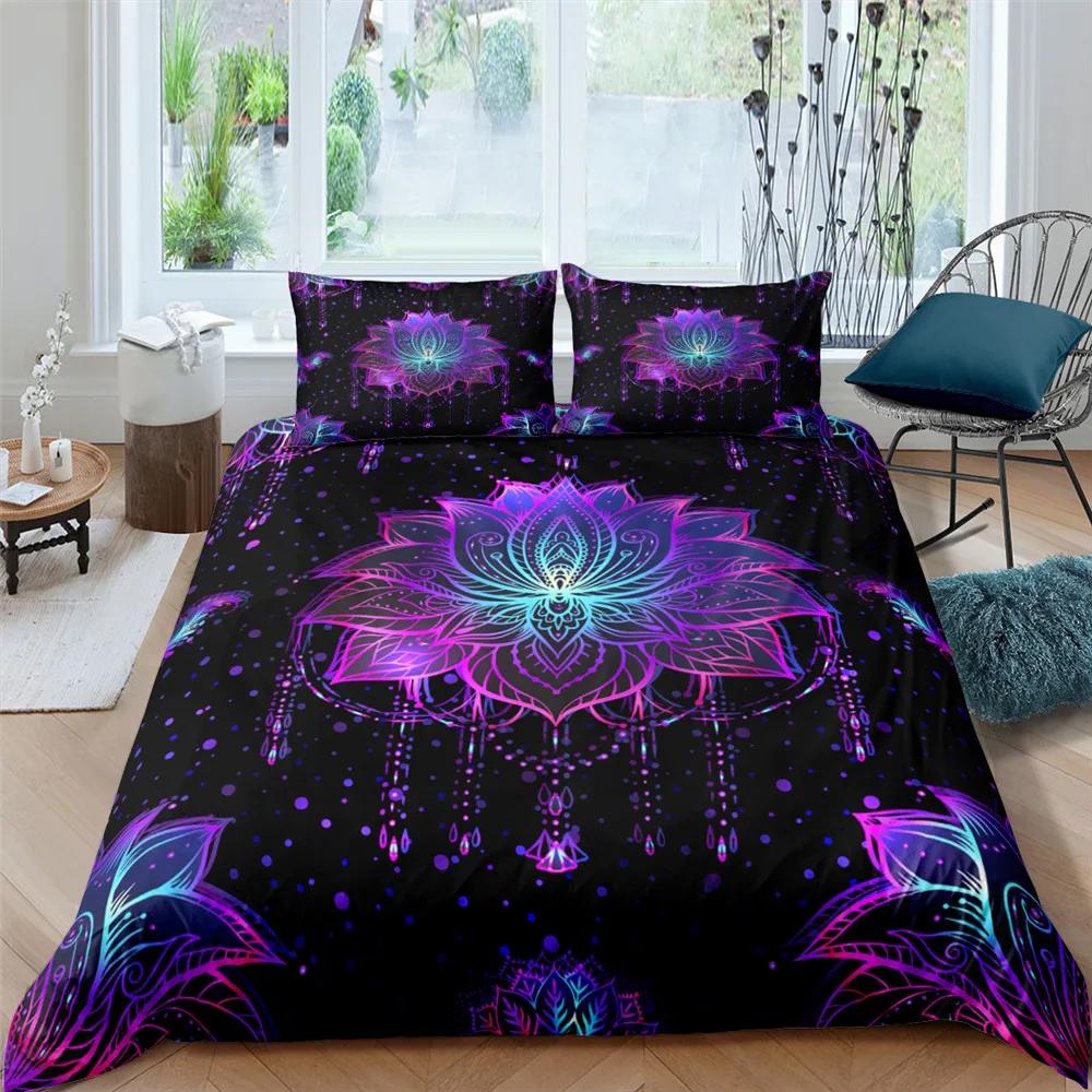 2/3dílná Sada na postel Bohemian Lotus Sada povlaku na přikrývku Mandala Květinový povlak na přikrývku Pro dospělé Černá Polyesterová sada ložního prádla Queen King Twin Pro teenagery