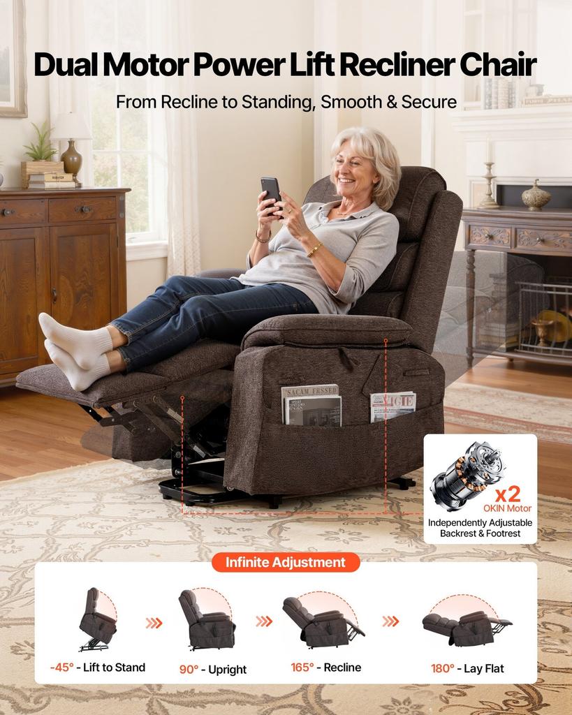 Power Lift Recliner Chair, Dual Motor, Medium Electric Lift Chair with Heat and Massage for Elderly, Infinite Position Adjustment, Chenille Fabric,