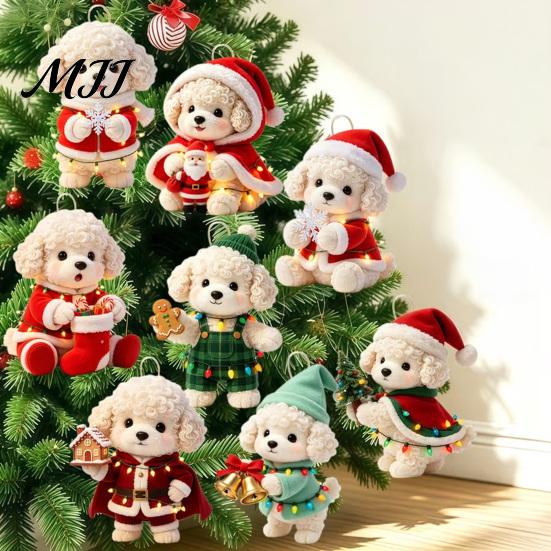 Holiday Animal Hanging Ornaments Christmas Dog Wooden Ornament, 2D Cartoon Puppy Kitten Decor with String, Tree Party Decoration Handmade Style