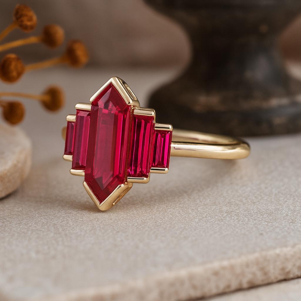 Geometric Ruby Red Gemstone Ring, Yellow Gold Plated 925 Sterling Silver, Art Deco Statement Jewelry, Anniversary Gift for Her