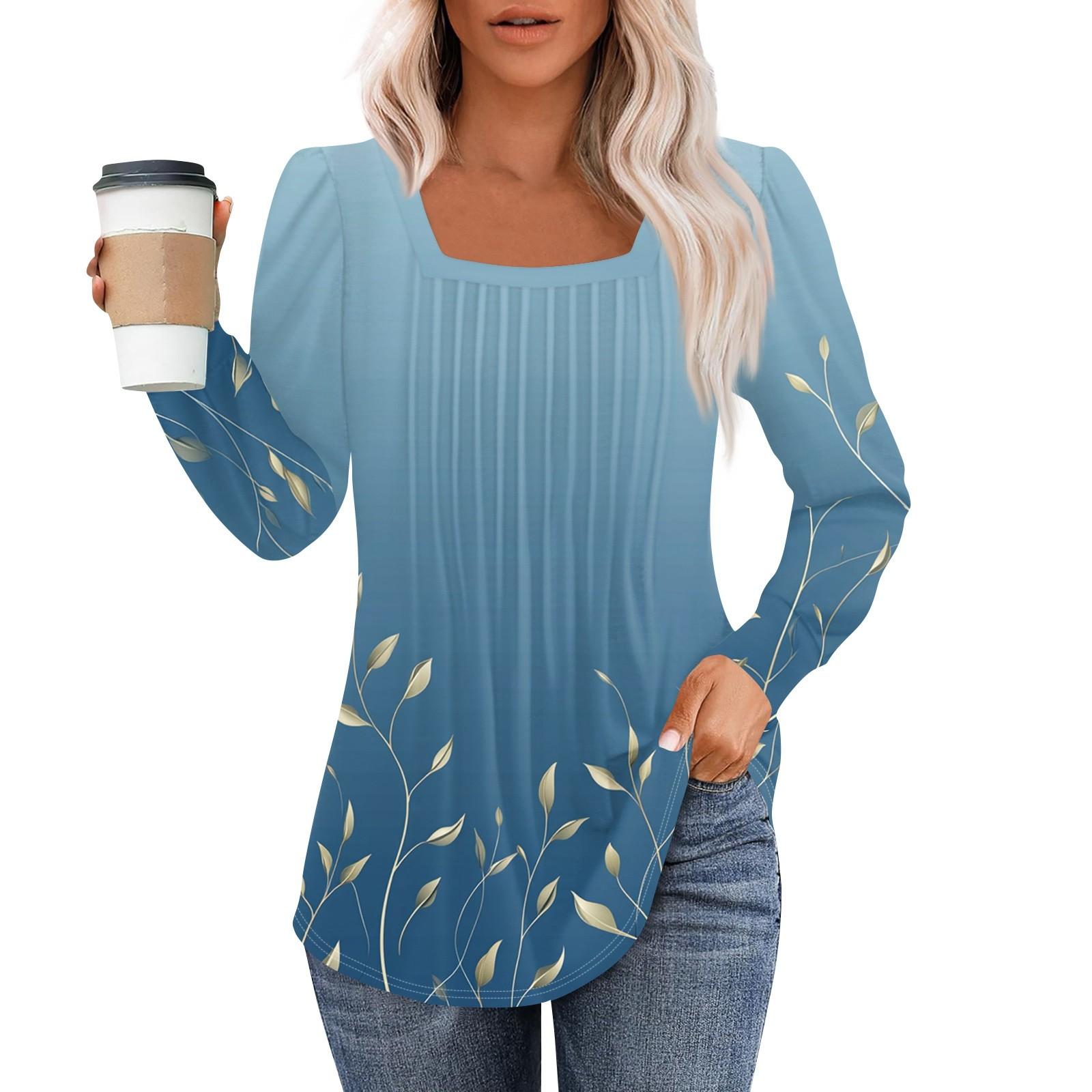 

Рубашки с длинным рукавом для женщин, топы, нарядные повседневные блузки, плиссированные туники с квадратным вырезом XXL синий